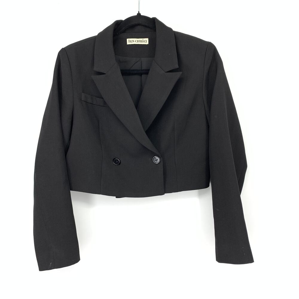 Luvamia Cropped Blazer Jacket Womens Size Small Black Double Breasted